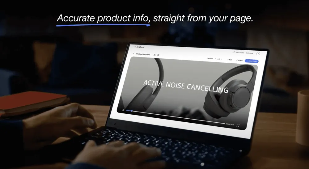 Velocity on a laptop, turning a headphones product page into a video titled Active Noise Cancelling.