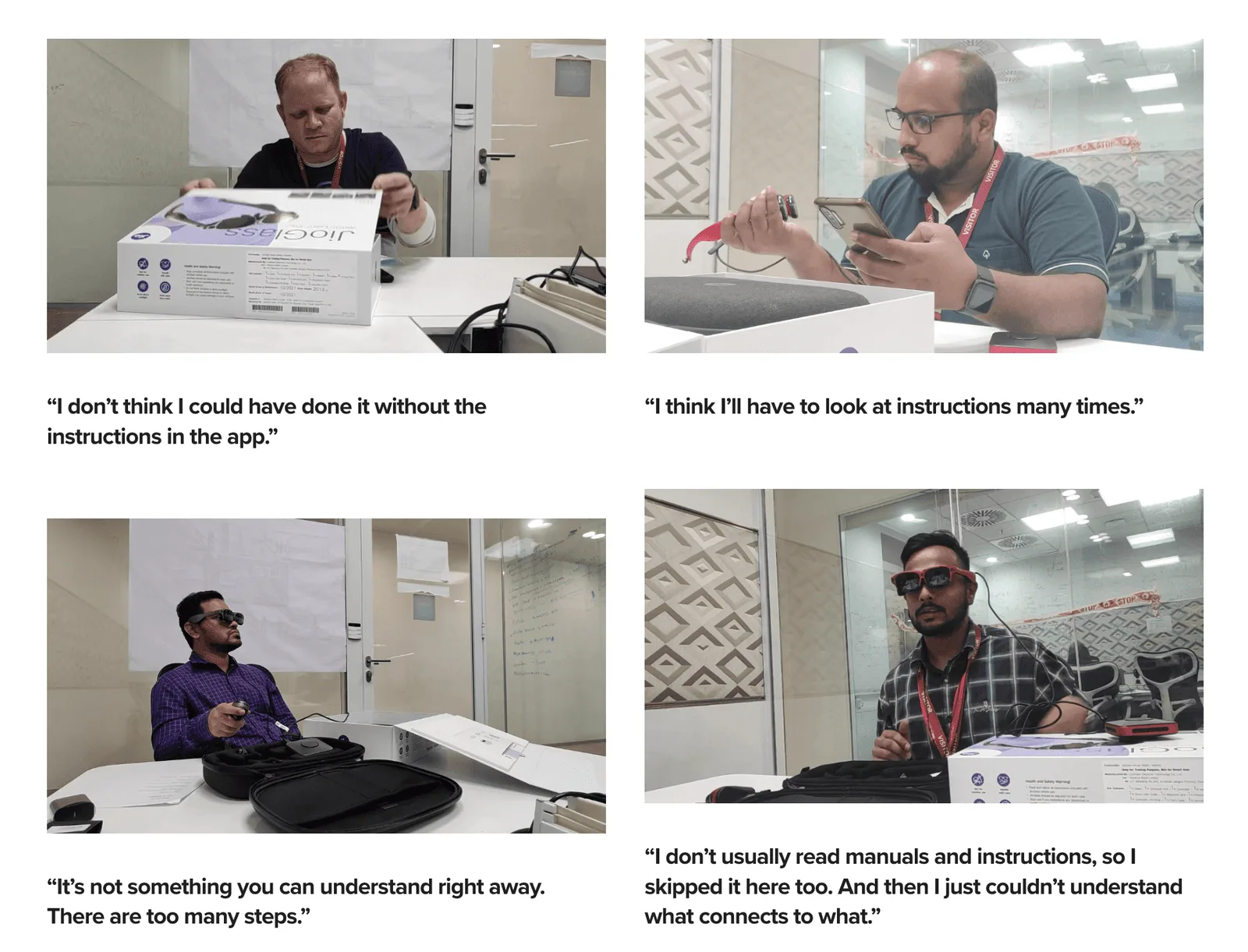 Teammates testing the device setup, with quotes