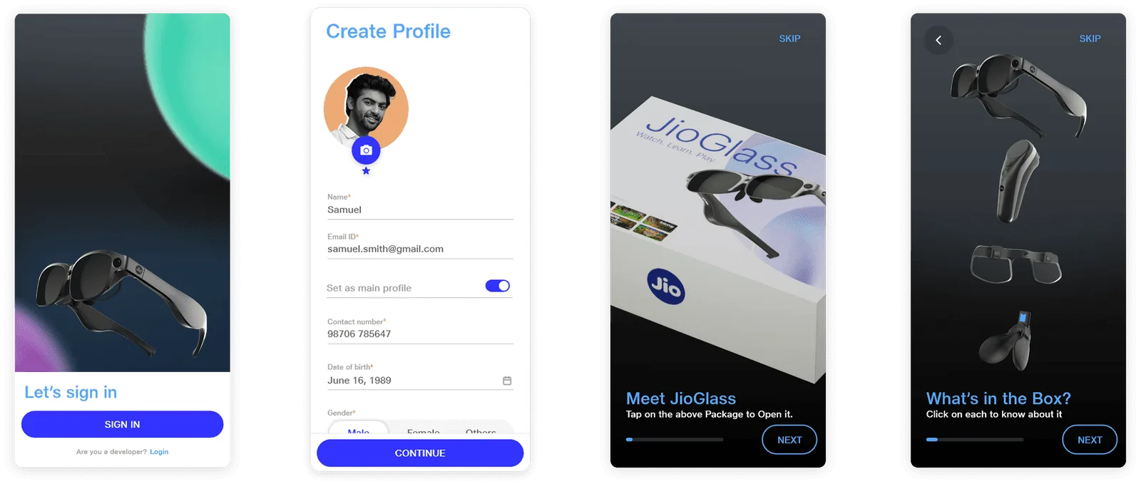 Onboarding screens: sign in, profile, meet JioGlass, what is in the box