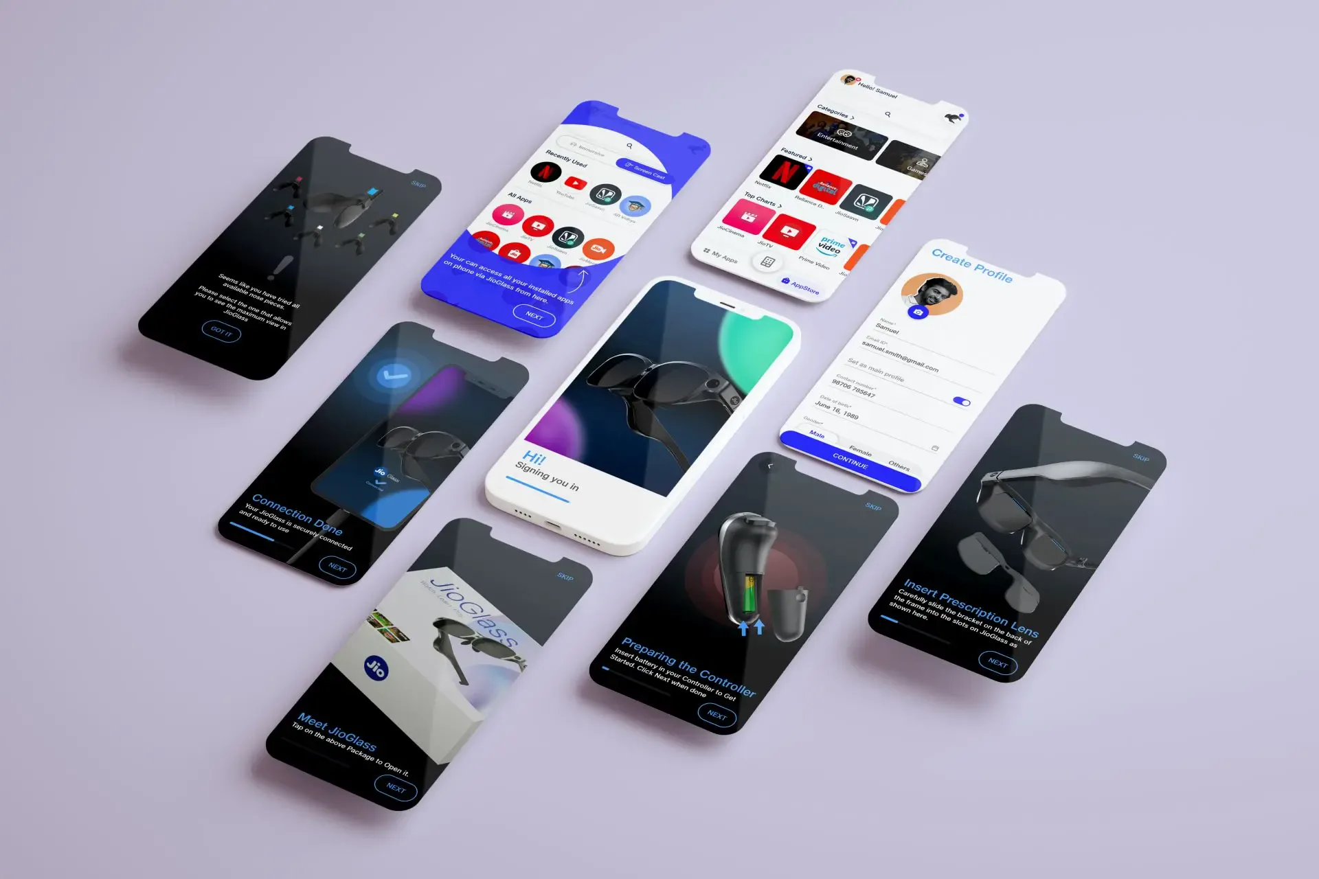 App screens for the JioImmerse companion app