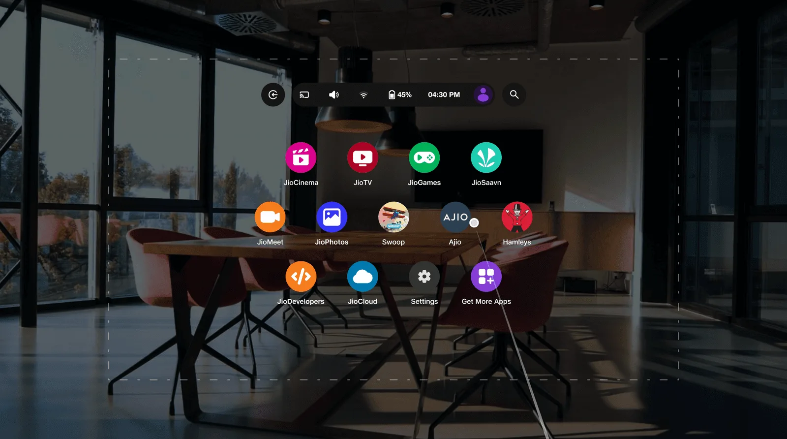 JioReality OS home with an app grid floating in an office