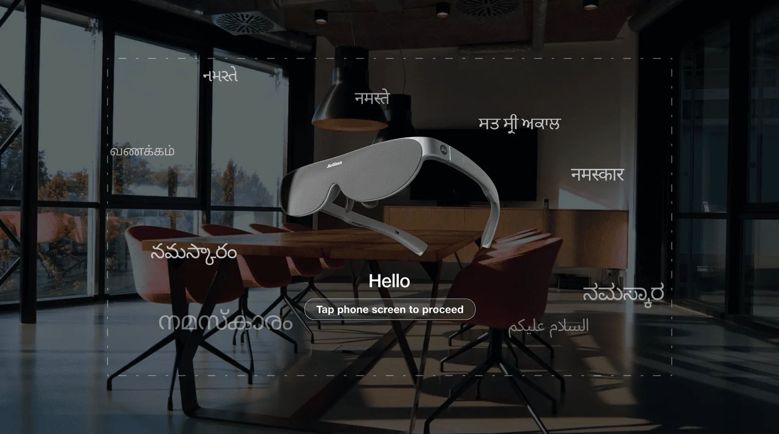 Welcome screen with JioGlass and Hello in several Indian languages
