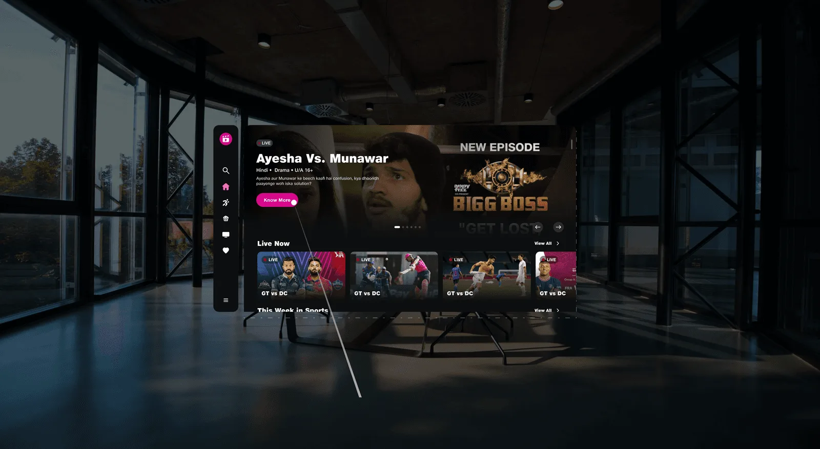 A media app open in the OS with a side navigation rail
