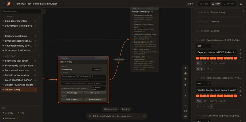 Wireframe inspector open beside the canvas, listing editable sections and elements.